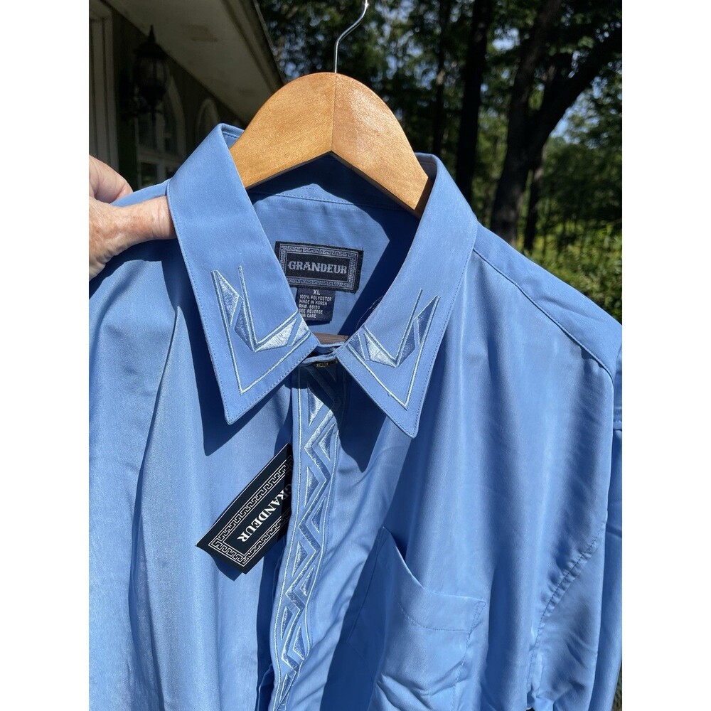 Grandeur Blue Dress Shirt Embroidered Decorative Cuff & Collar Button Men XL NWT